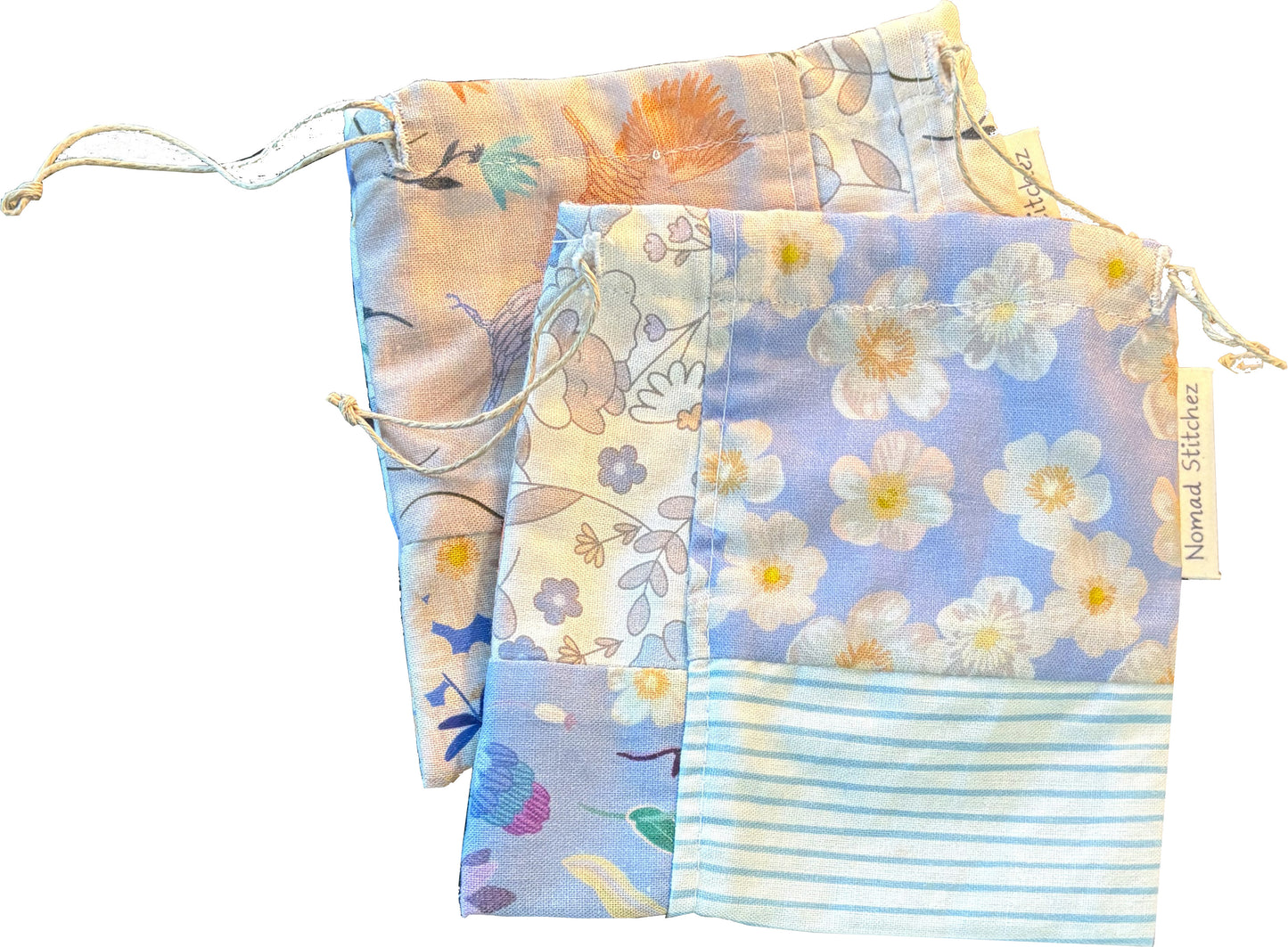 Handcrafted patchwork cotton snack bag with hemp string closure and French seams