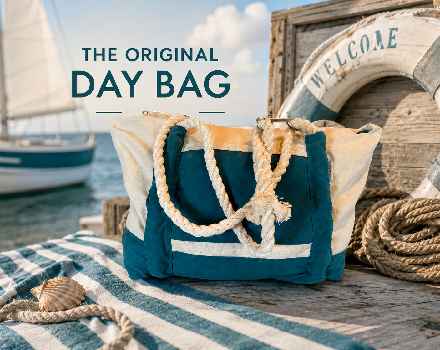 “Original Day bag from the Bohemian Boat Bag Collection featuring natural cotton canvas with deep teal waxed canvas trim, thick white rope handles, and a relaxed coastal-inspired design.”