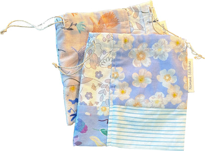 Handcrafted patchwork cotton snack bag with hemp string closure and French seams