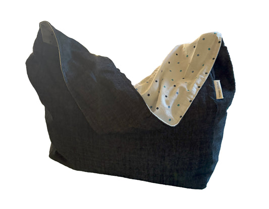 Small 1/2 Pint ~ Stitch Bag with black denim exterior and polka dot cotton lining, handcrafted from repurposed fabrics.