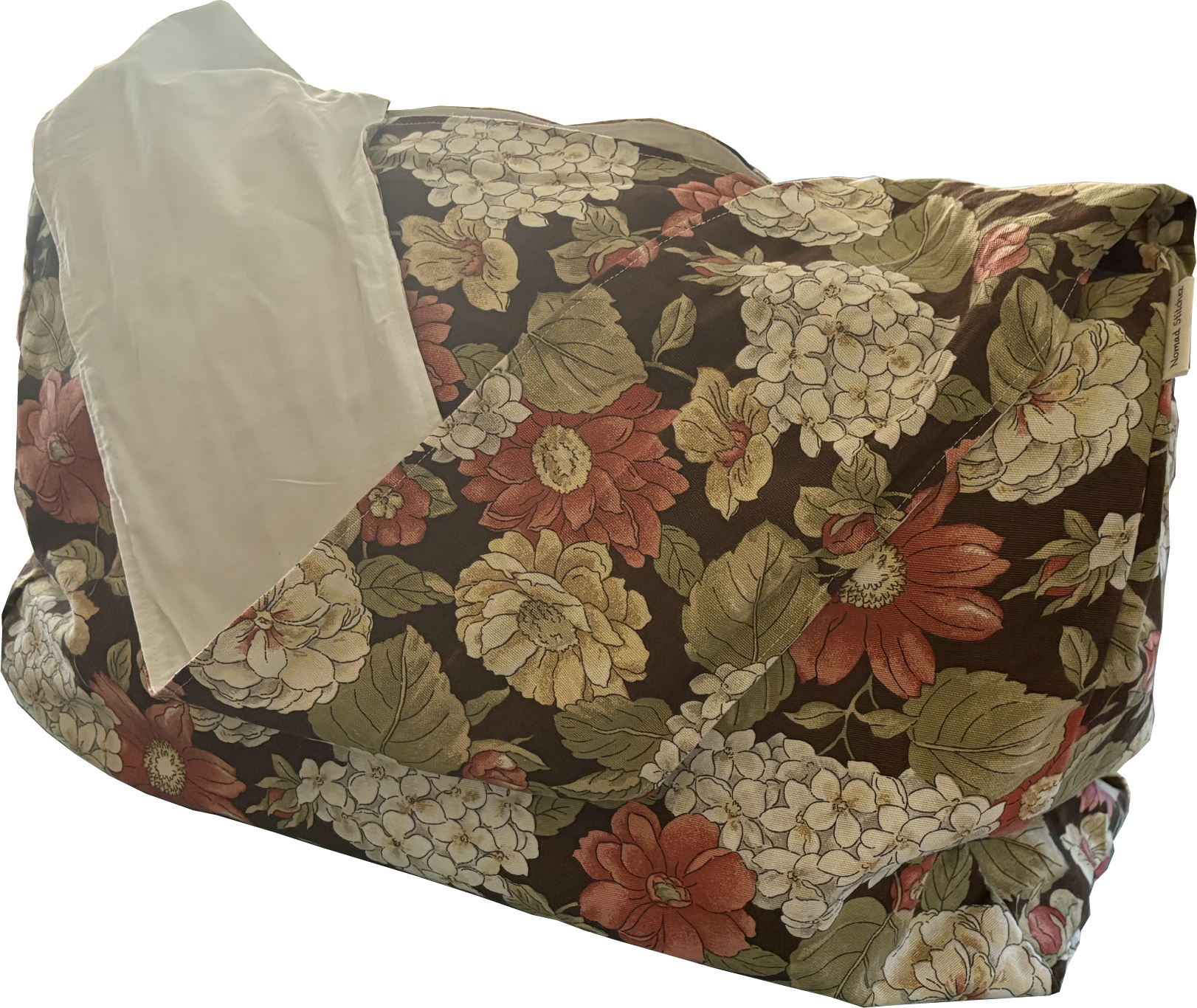 Front view of Cinnamon Flora Twill Sling Bag with large floral print in browns, creams, and cinnamon on twill fabric.