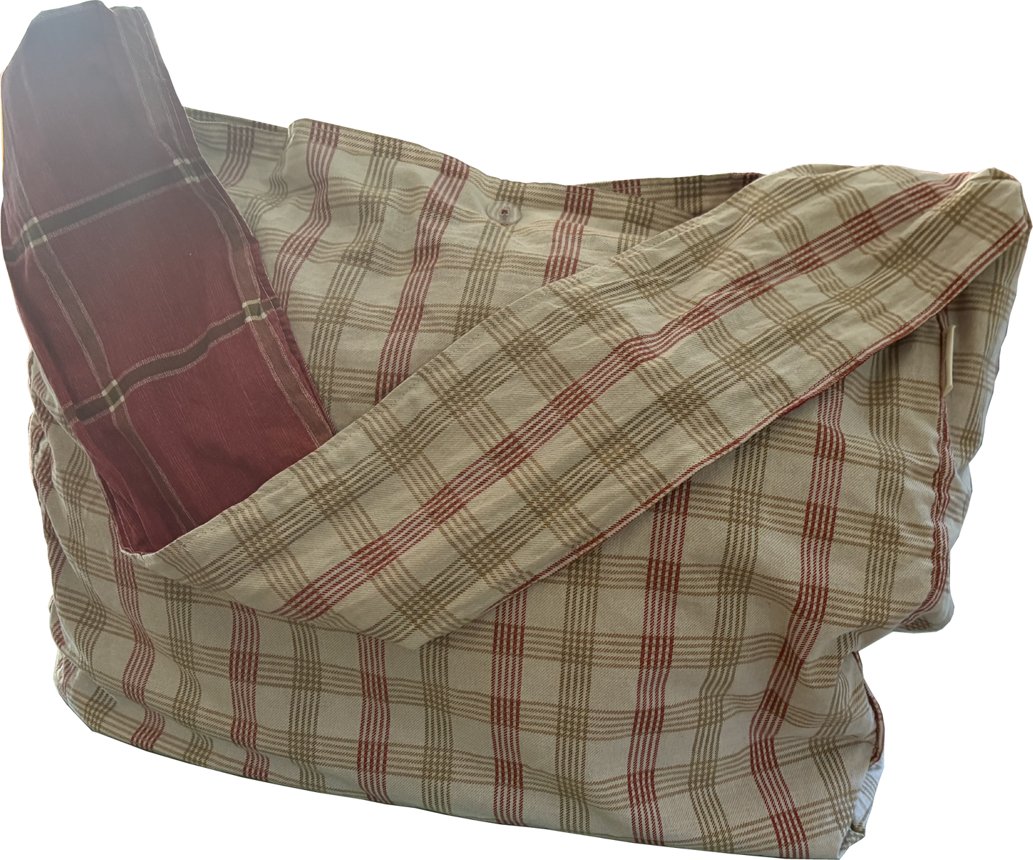 Front view of Rust & Natural Windowpane Sling Bag with earthy rust and natural check pattern, handcrafted from repurposed textiles.
