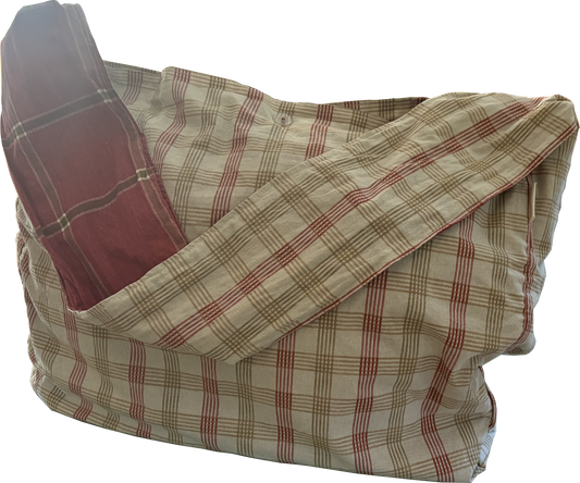 Front view of Rust & Natural Windowpane Sling Bag with earthy rust and natural check pattern, handcrafted from repurposed textiles.