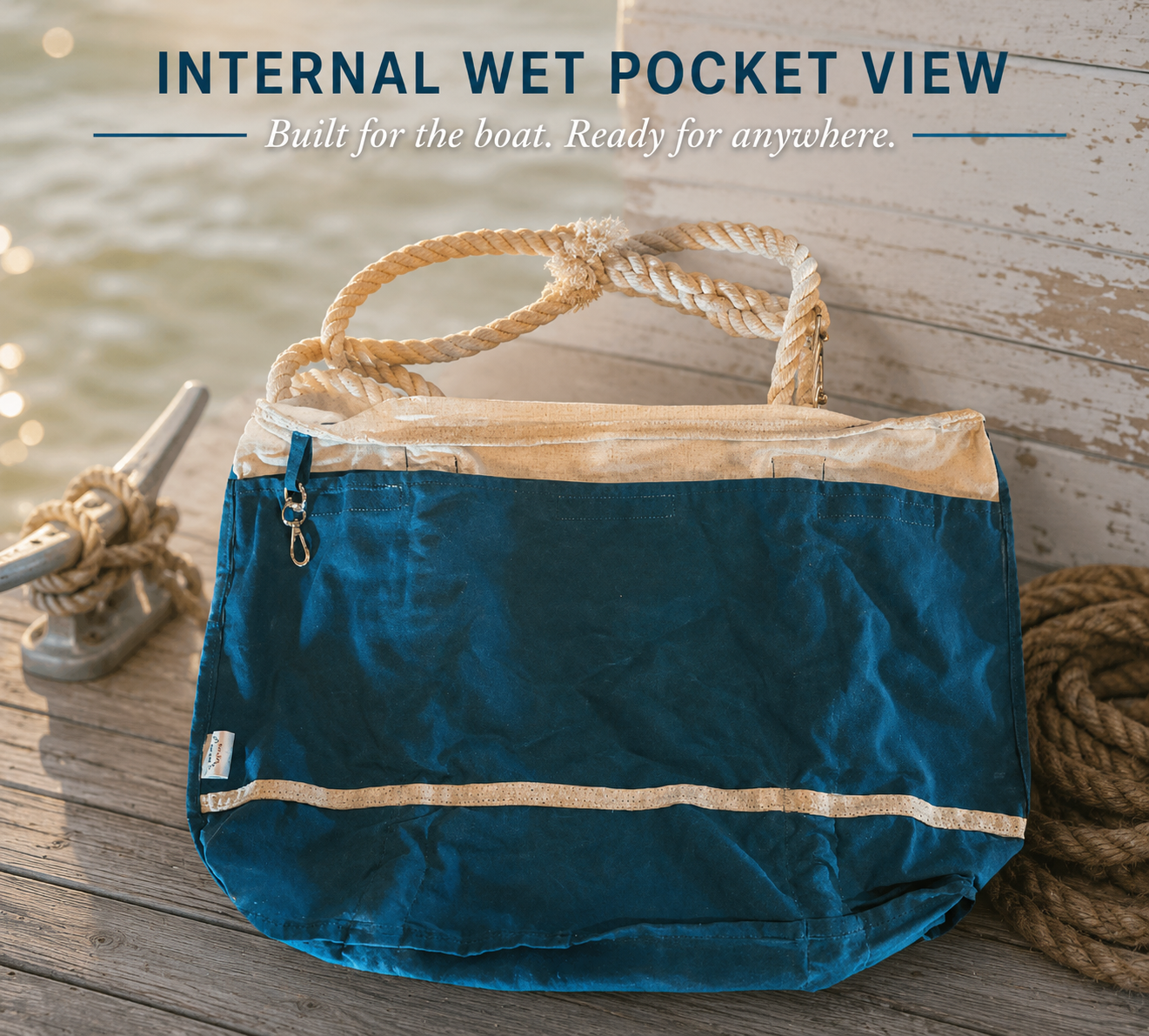 Interior wet pocket view of a natural canvas tote bag featuring a full deep teal waxed canvas pocket and thick white rope handles within a spacious organized design.”