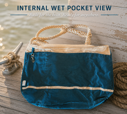 Interior wet pocket view of a natural canvas tote bag featuring a full deep teal waxed canvas pocket and thick white rope handles within a spacious organized design.”
