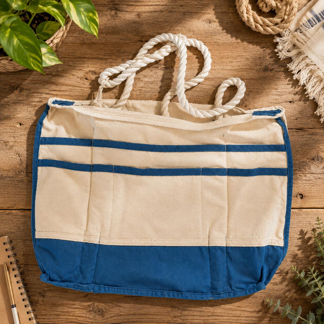 “Interior pocket view of a cotton canvas tote bag trimmed with deep teal waxed canvas, featuring multiple organizational pockets and thick white rope handles within an open structured interior.”