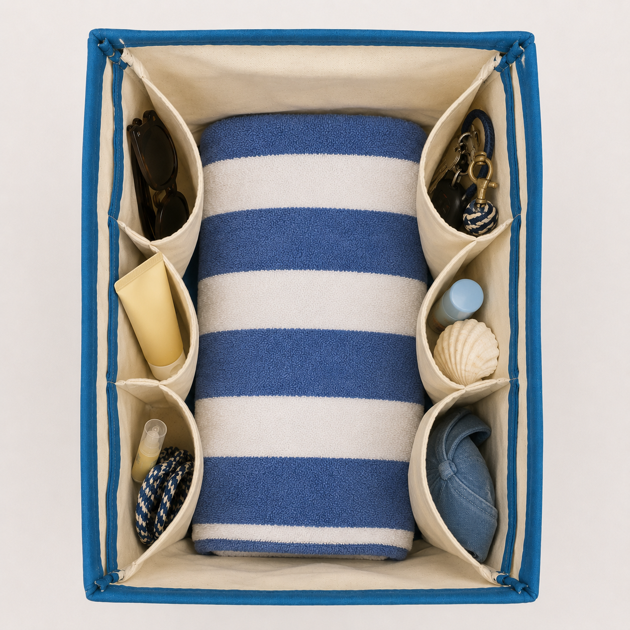 Top view of the inside of the Natural + Teal Dockside Tote showing spacious cotton canvas interior with multiple organizational pockets, teal waxed canvas trim, and ample room for beach, travel, and everyday essentials.
