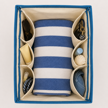 Top view of the inside of the Natural + Teal Dockside Tote showing spacious cotton canvas interior with multiple organizational pockets, teal waxed canvas trim, and ample room for beach, travel, and everyday essentials.
