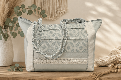 Boho Chic Leigh Bag – Tones of Blue and White Bag, Handcrafted from Repurposed Natural Fiber Textiles