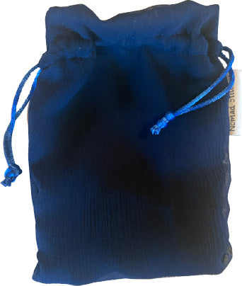 Navy silk satchel with a soft sheen, featuring a drawstring closure—ideal for holding crystals, jewelry, or small keepsakes.