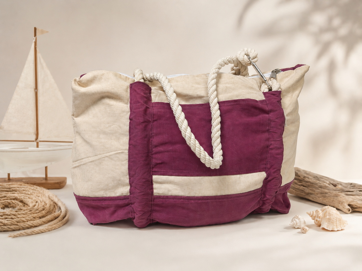 Natural cotton canvas Original Day Bag with vibrant fuschia waxed canvas trim and base, featuring front pocket, sturdy shoulder straps, and a relaxed bohemian-inspired boat tote design.