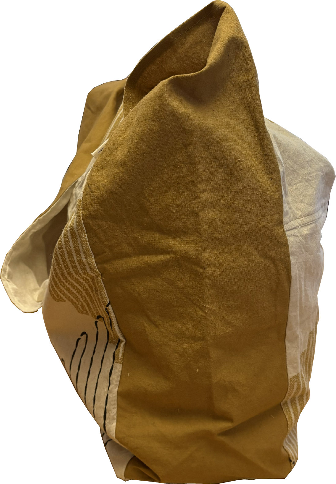 Side view of the mustard and black sling bag showing its slim profile and mustard yellow strap.