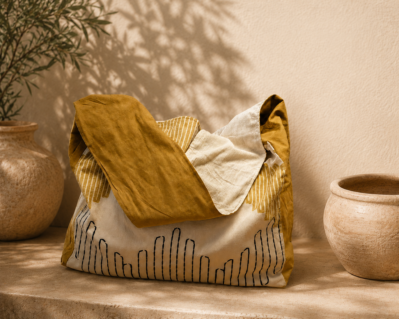 Bold & Modern Sling Bag, Natural, Mustard, Black  Bag, Handcrafted from Repurposed Natural Fiber Textiles