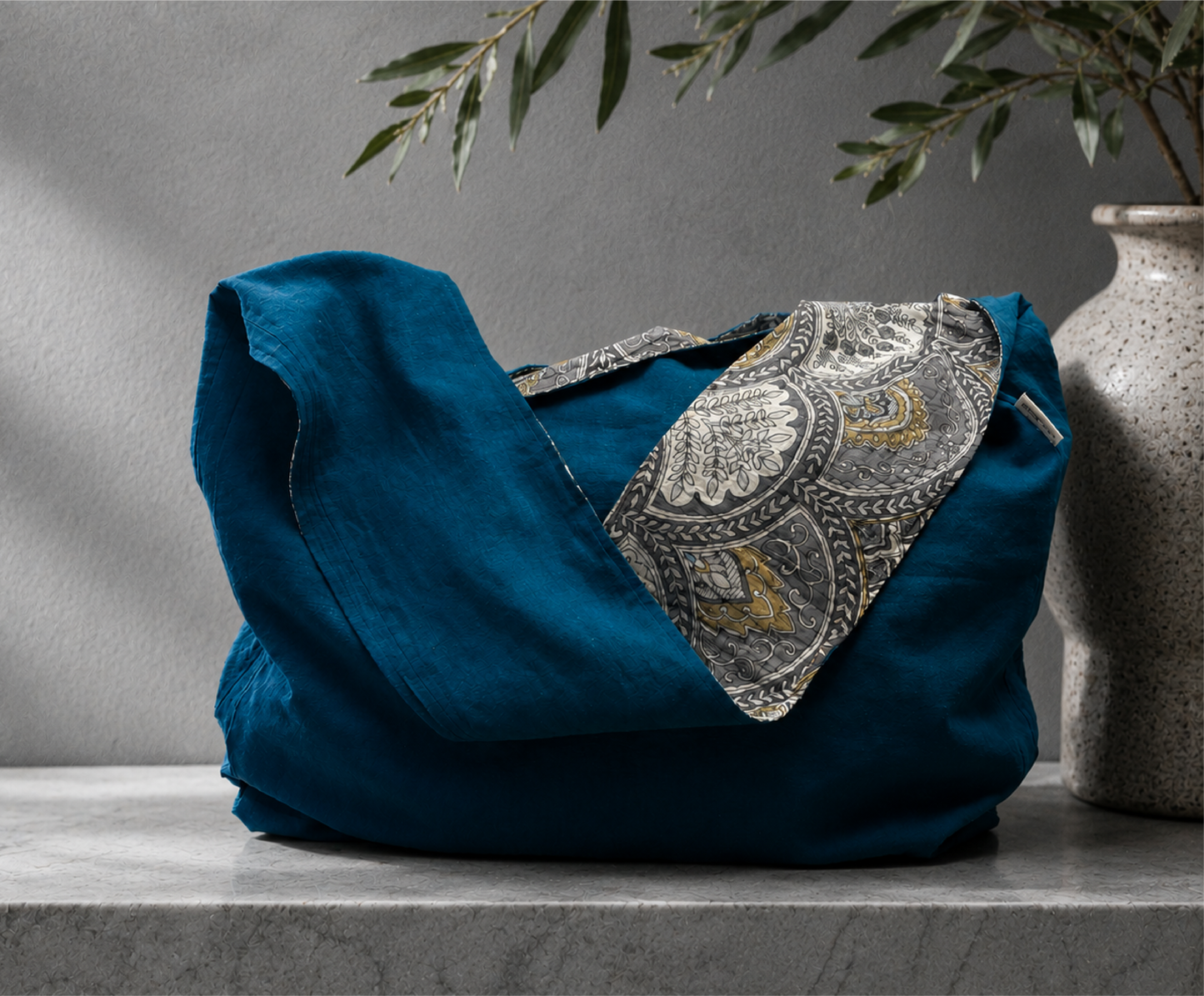 Linen Sling Bag, Tones of Blue Bag, Handcrafted from Repurposed Natural Fiber Textiles