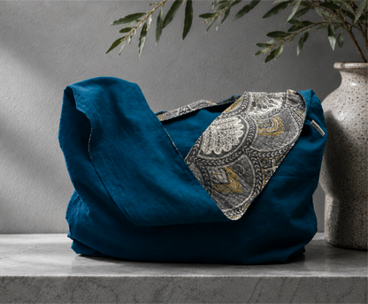 Linen Sling Bag, Tones of Blue Bag, Handcrafted from Repurposed Natural Fiber Textiles