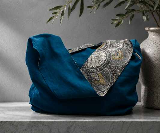 Linen Sling Bag, Tones of Blue Bag, Handcrafted from Repurposed Natural Fiber Textiles